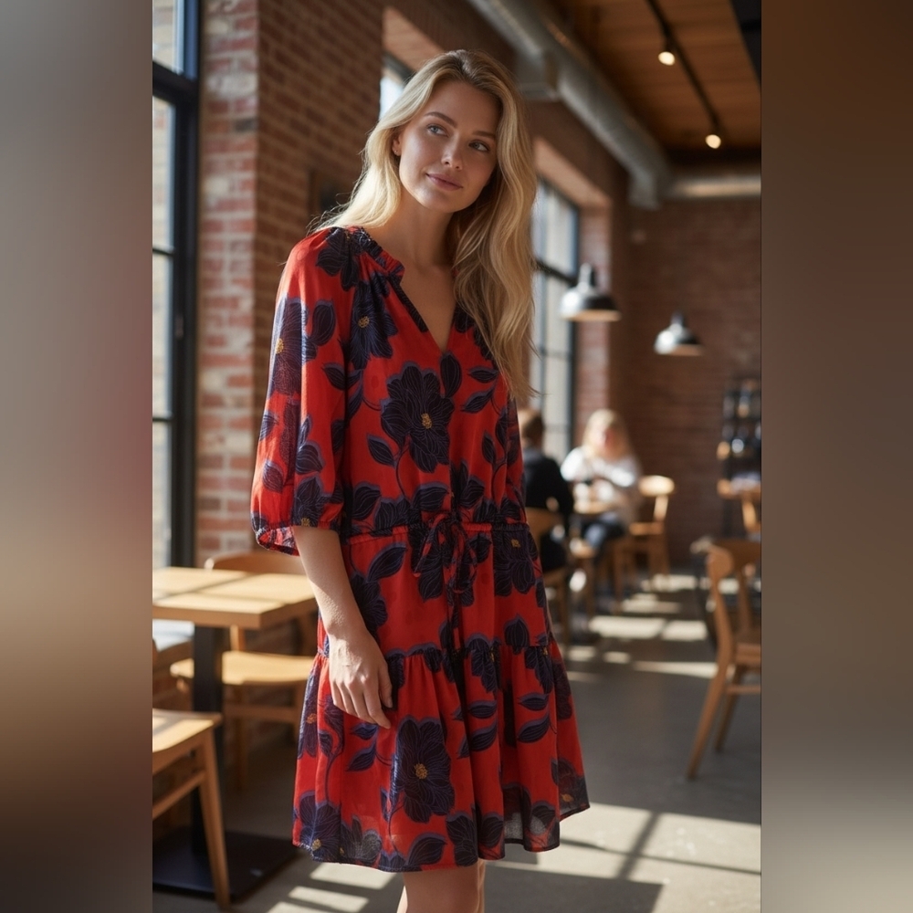 Draper James Martina Mini Magnolia Jaquard Dot Red Blue Floral Dress Sz Medium